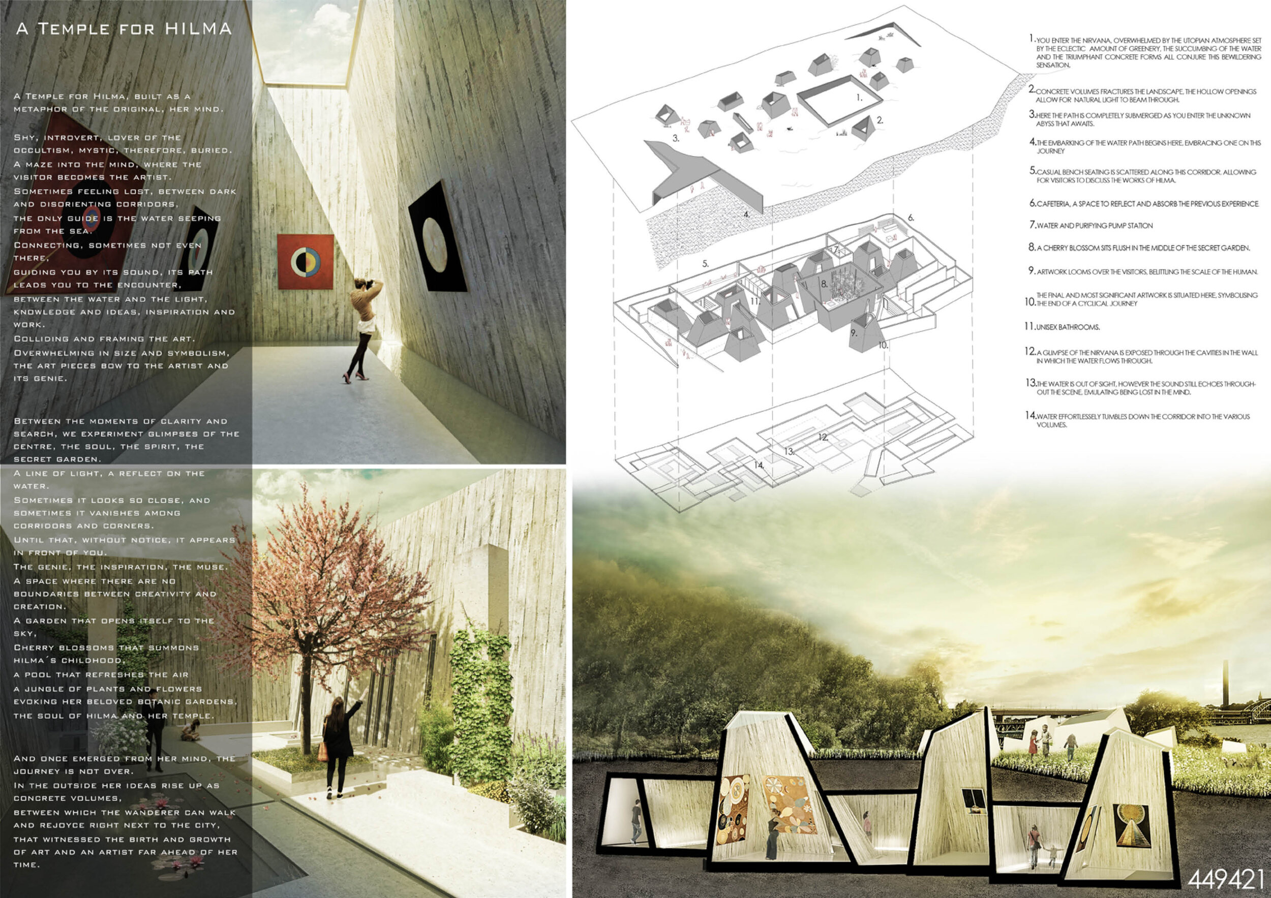 Honorable mention – A Temple for Hilma by Gaspard Journet, Joshua Thomas How, Cesar Tome Pizarro, Elisa Lopez Lucas and Luca TeseiJURY’S COMMENTS: An absolutely beautiful exploded axonometric drawing, explaining the layout but also showcasing the co…