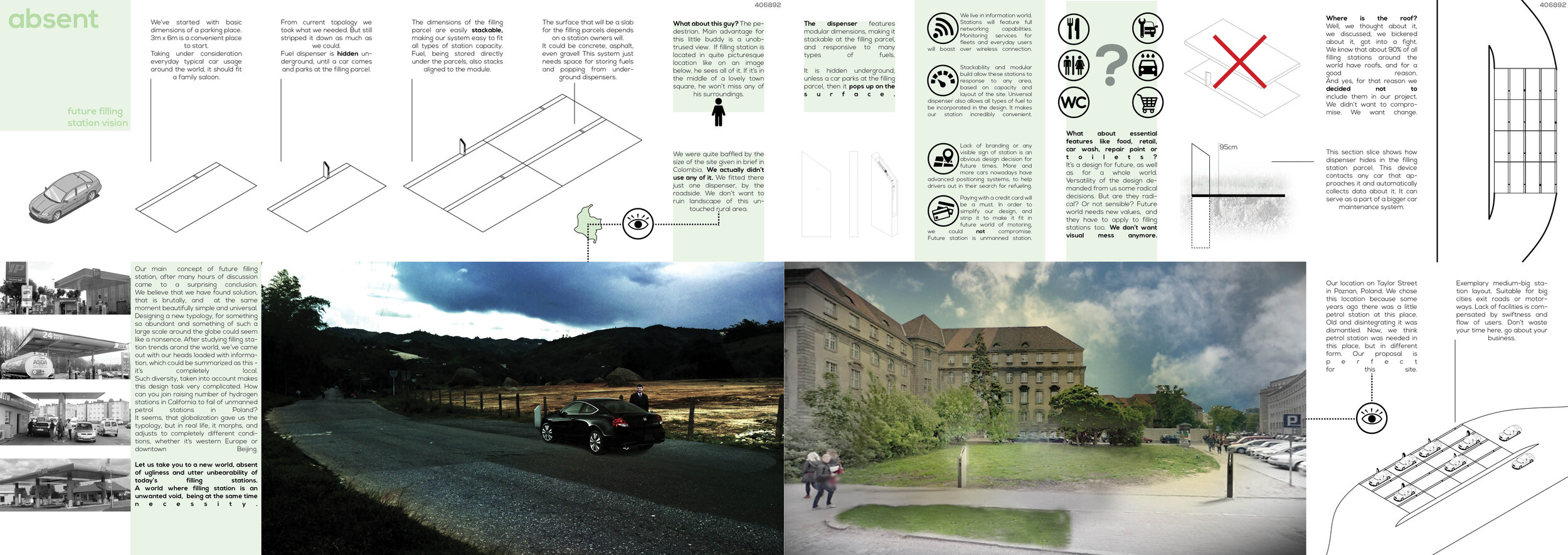Honorable mention – Absent by Filip Kabelis and Maria WronskaJURY’S COMMENTS: Absent is at the same time a very modest and a very bold proposal. Rendering the filling stations of the future virtually non-existent, it presents an ideal scenario: the …