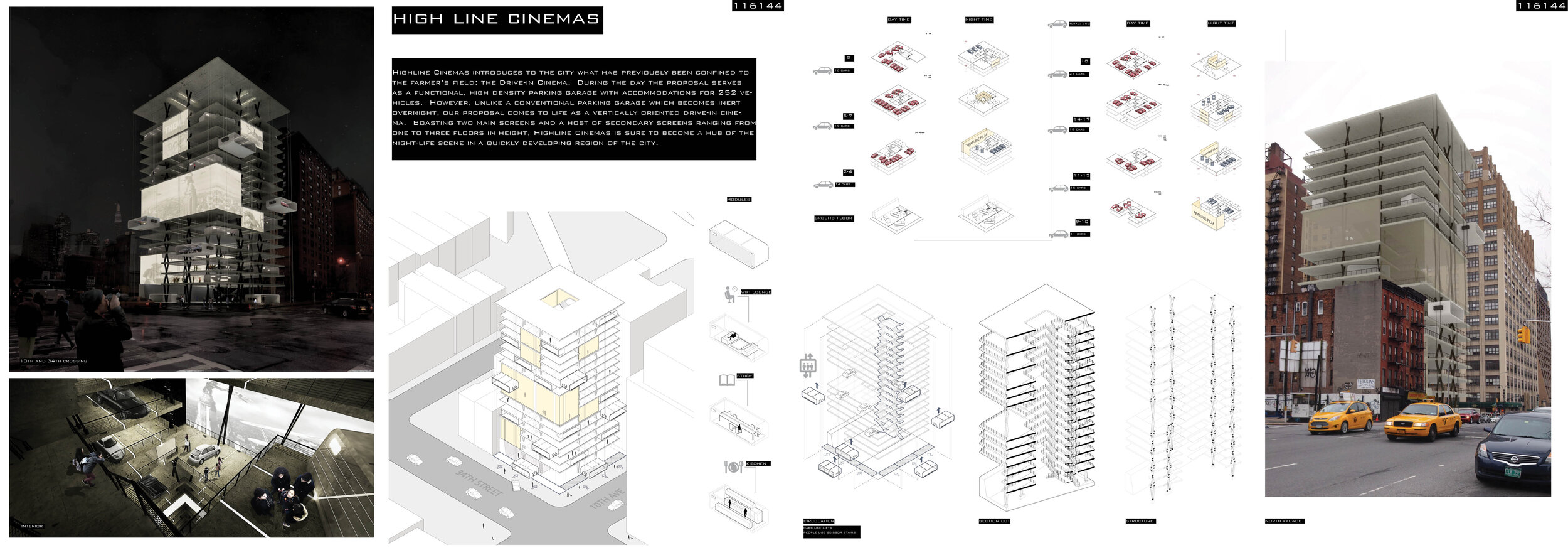 Honorable mention - High Line Cinemas by Will Fu and Logan SteeleJURY’S COMMENTS: The drive-in cinema is a straightforward idea with an exotic appeal within a city. By choosing a secondary feature that operates in the night-time the daily cycle of t…